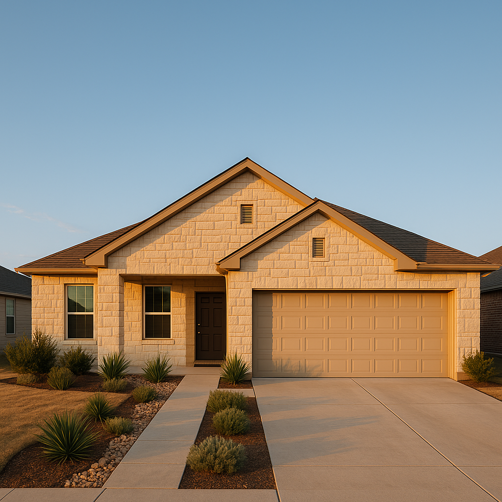 Wide-angle view of a modern Texas Panhandle rental property with limestone facade and drought-resistant landscaping under a clear blue sky at golden hour
