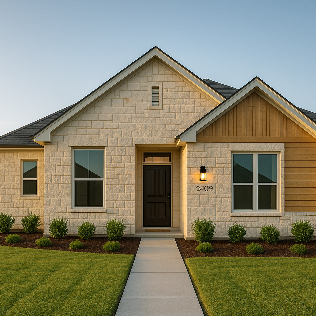 Wide-angle photo of a modern Amarillo Texas home highlighting clean curb appeal with neat landscaping and fresh paint in golden afternoon light