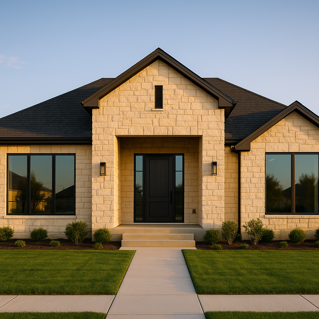 Modern Texas Panhandle limestone home with sharp lines and glass windows reflecting blue sky, set in tidy Amarillo residential landscaping during golden hour