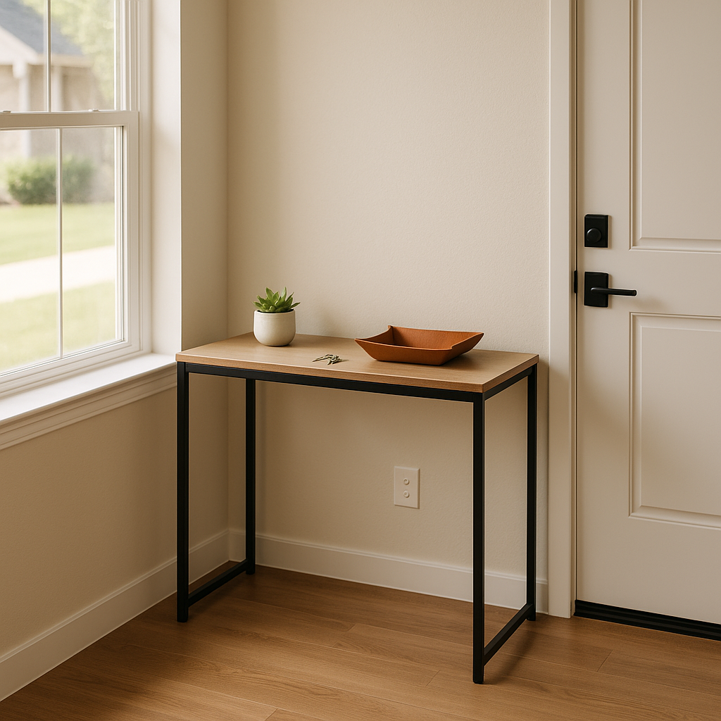 Minimalist home entryway with organized console table and keys