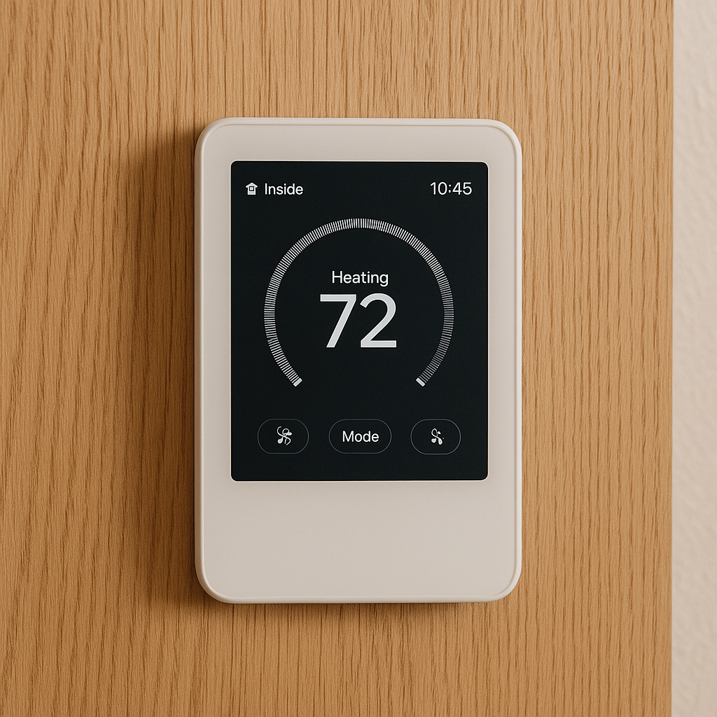 Smart-home thermostat on textured wall symbolizing efficient home systems