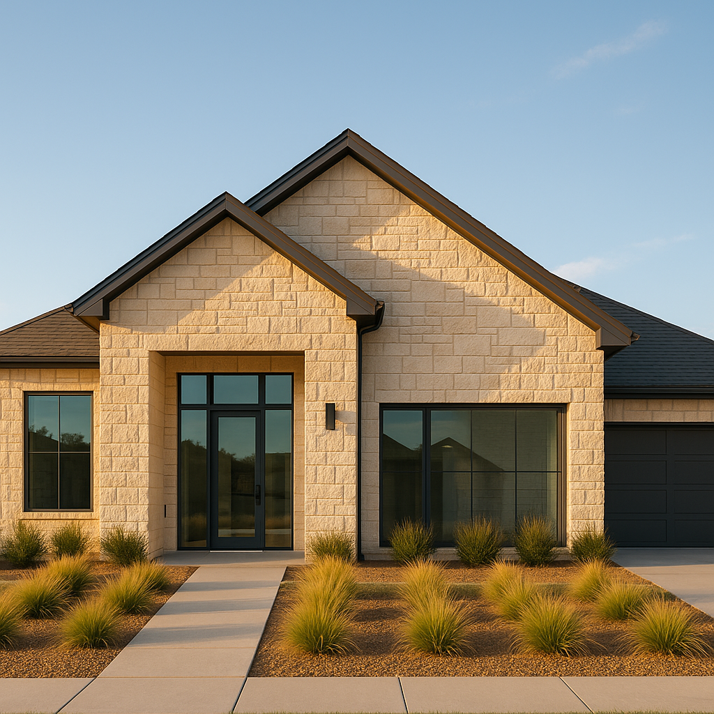 Wide-angle view of a modern Texas Panhandle limestone home with symmetrical landscaping and clean architectural lines under a clear blue sky showcasing seller concessions strategies