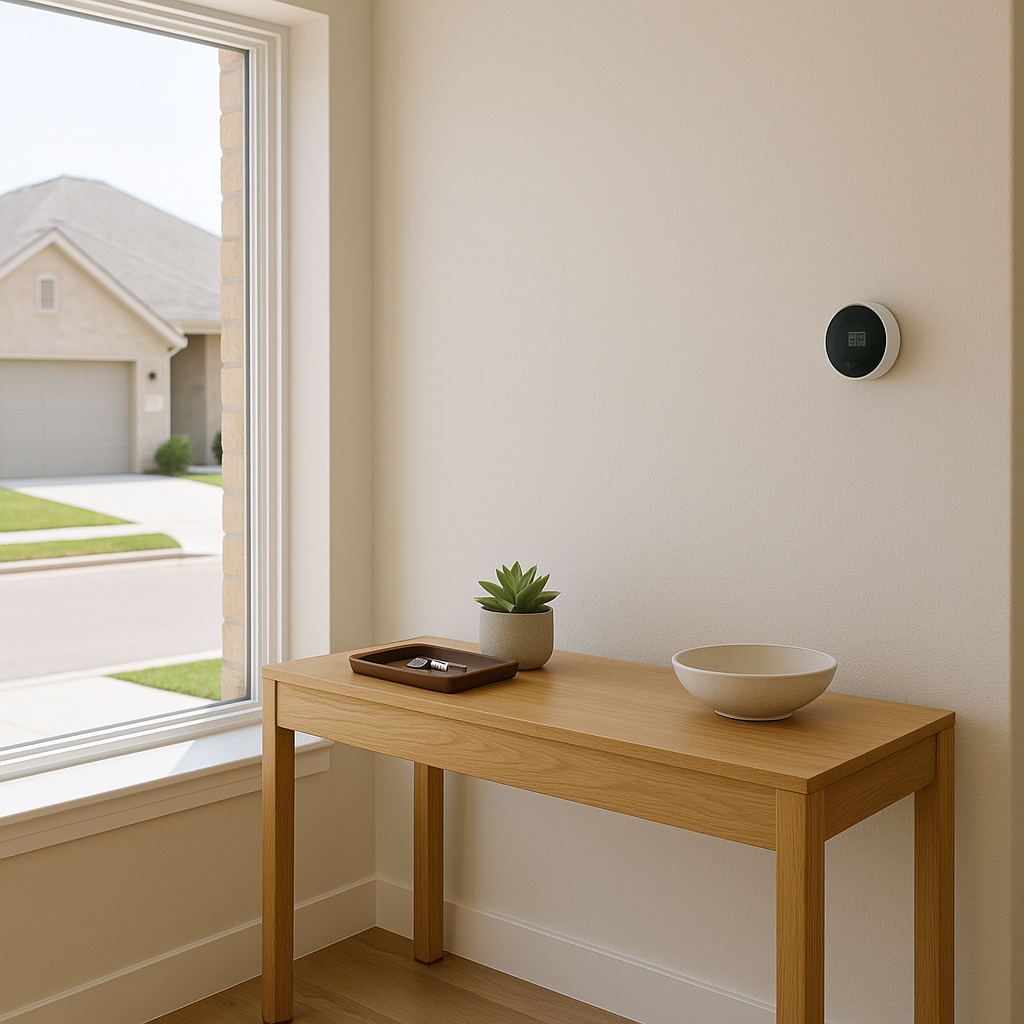 Sunlit minimalist entryway with organized console table in an Amarillo home