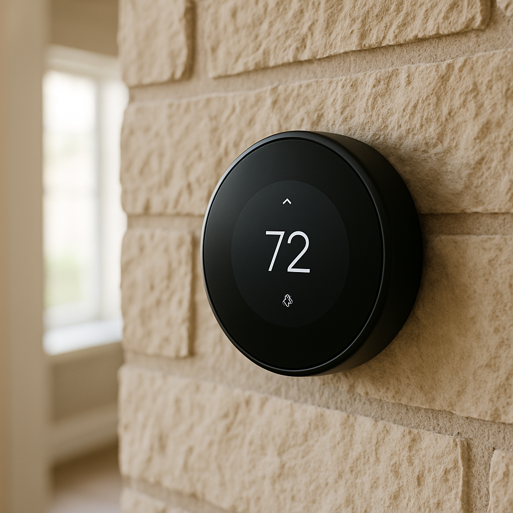 Matte black smart thermostat on a textured limestone wall in a modern Texas home