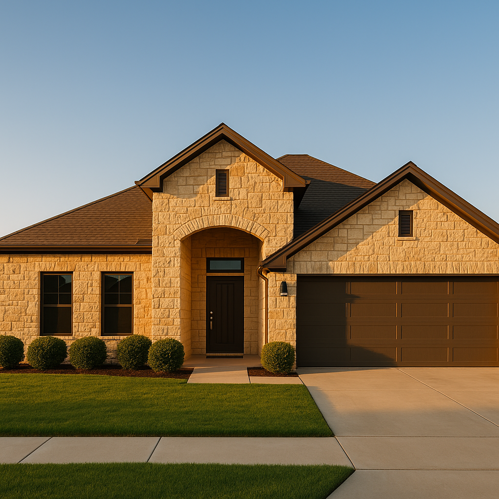 Exterior view of a modern Texas Panhandle limestone home in Amarillo with manicured landscaping, highlighting a stress-free selling environment