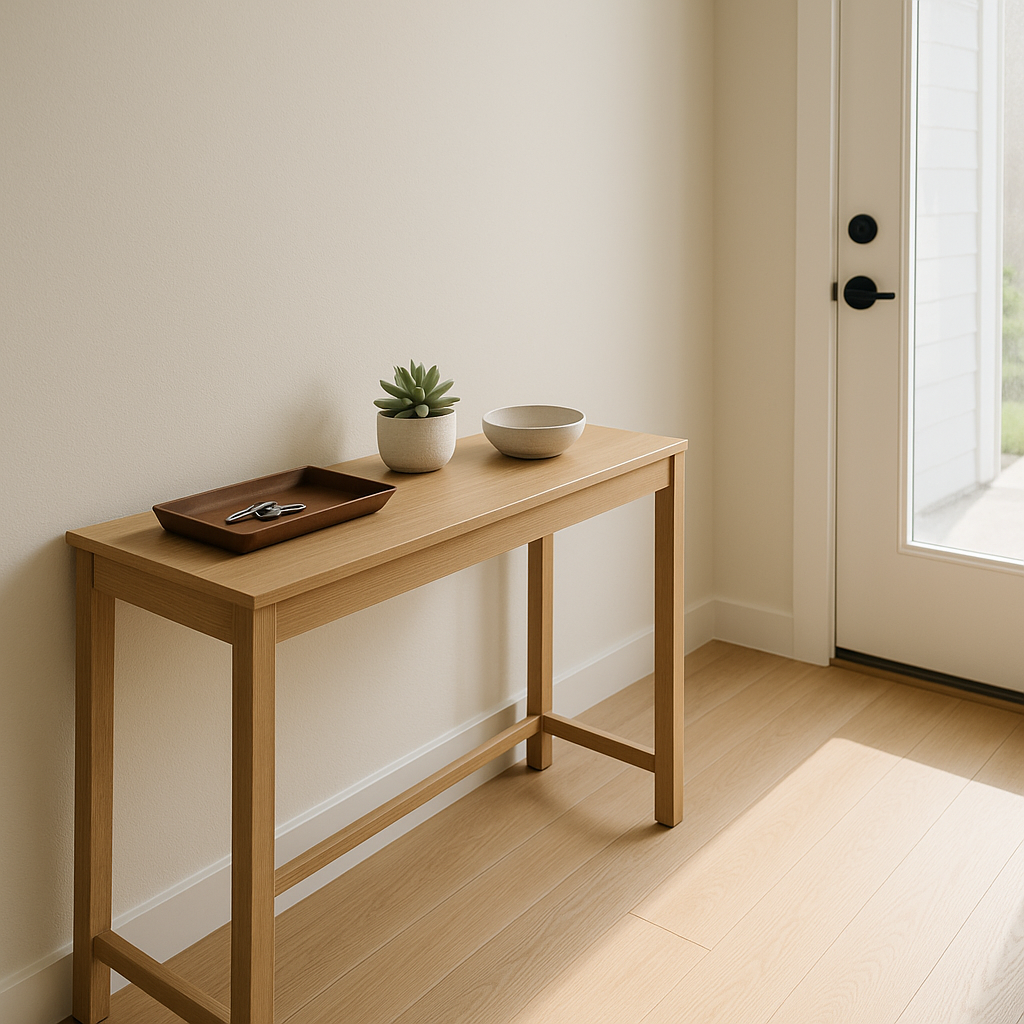 Minimalist staged entryway with organized console table