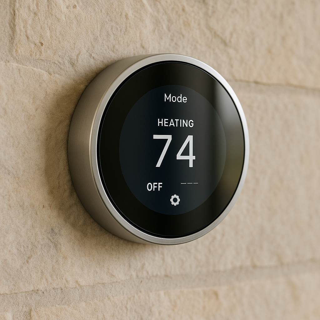 Smart thermostat on wall representing efficient home systems during sale