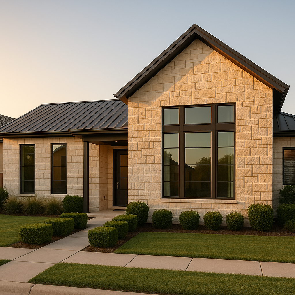 Wide-angle exterior of a Texas residential property with limestone facade and glass windows highlighting efficient property management during golden hour