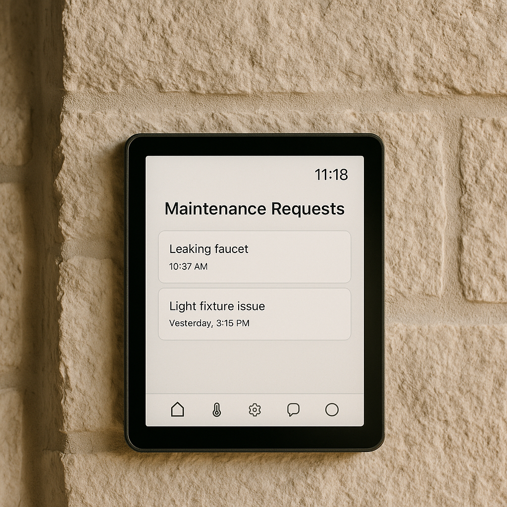 Smart-home panel showing time-stamped maintenance notifications for tracked communication