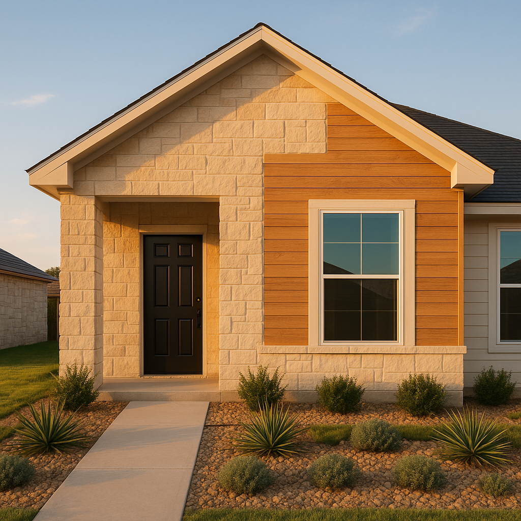 Wide-angle view of a modern Texas Panhandle rental with limestone siding and drought-resistant landscaping under a clear blue sky during golden hour