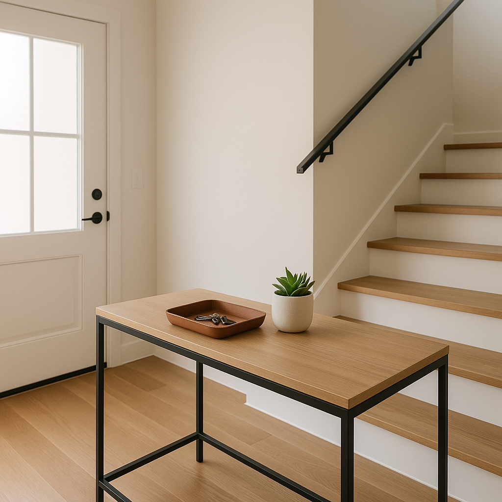 Minimalist, organized rental home entryway conveying calm professionalism