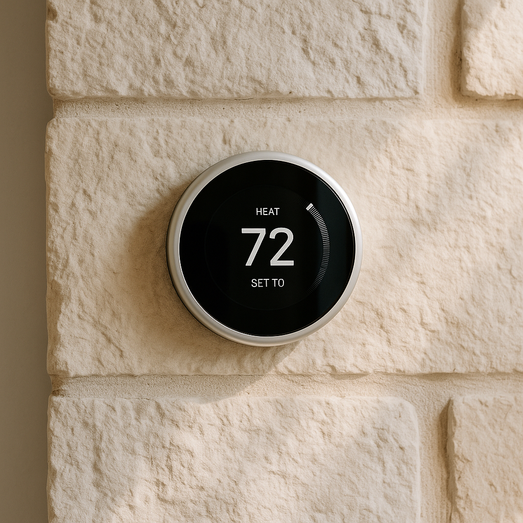 Smart-home thermostat in a rental property suggesting efficient systems and control