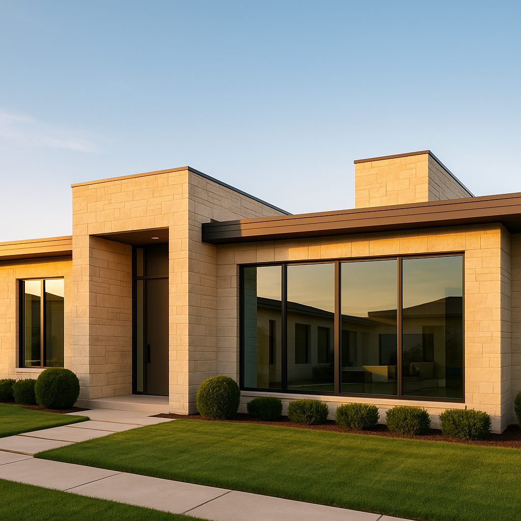Wide-angle view of a Texas Panhandle home with limestone cladding and glass windows during golden hour, highlighting clean lines and landscaping