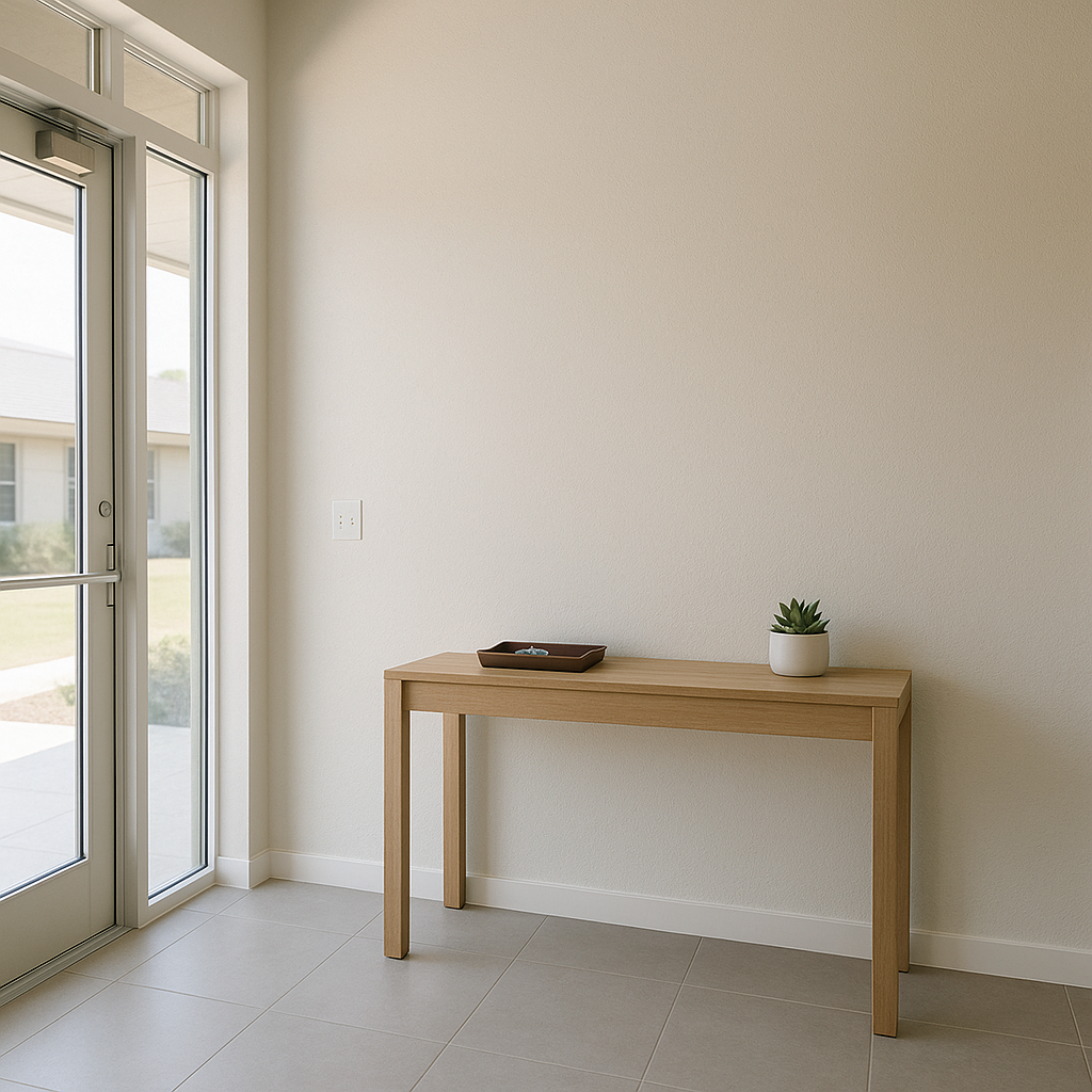Organized leasing office entryway set up for professional lead handling