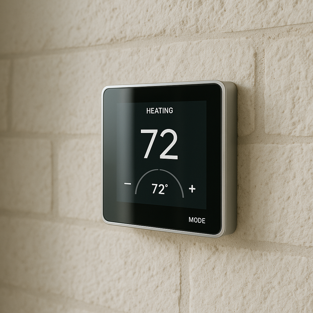 Smart thermostat detail representing operational control and leasing technology