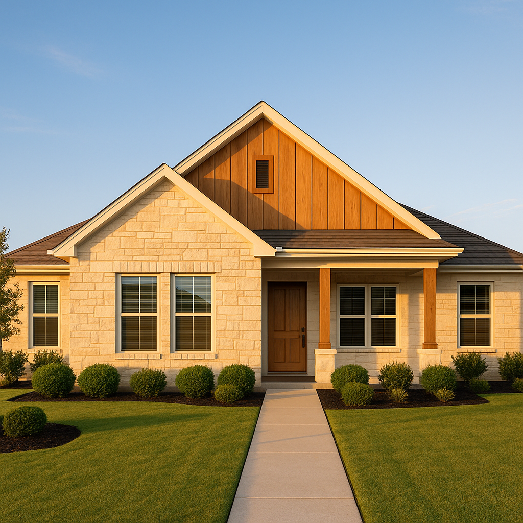 Wide-angle view of a modern Texas Panhandle home with limestone and oak, surrounded by manicured landscaping in a well-planned neighborhood during golden hour