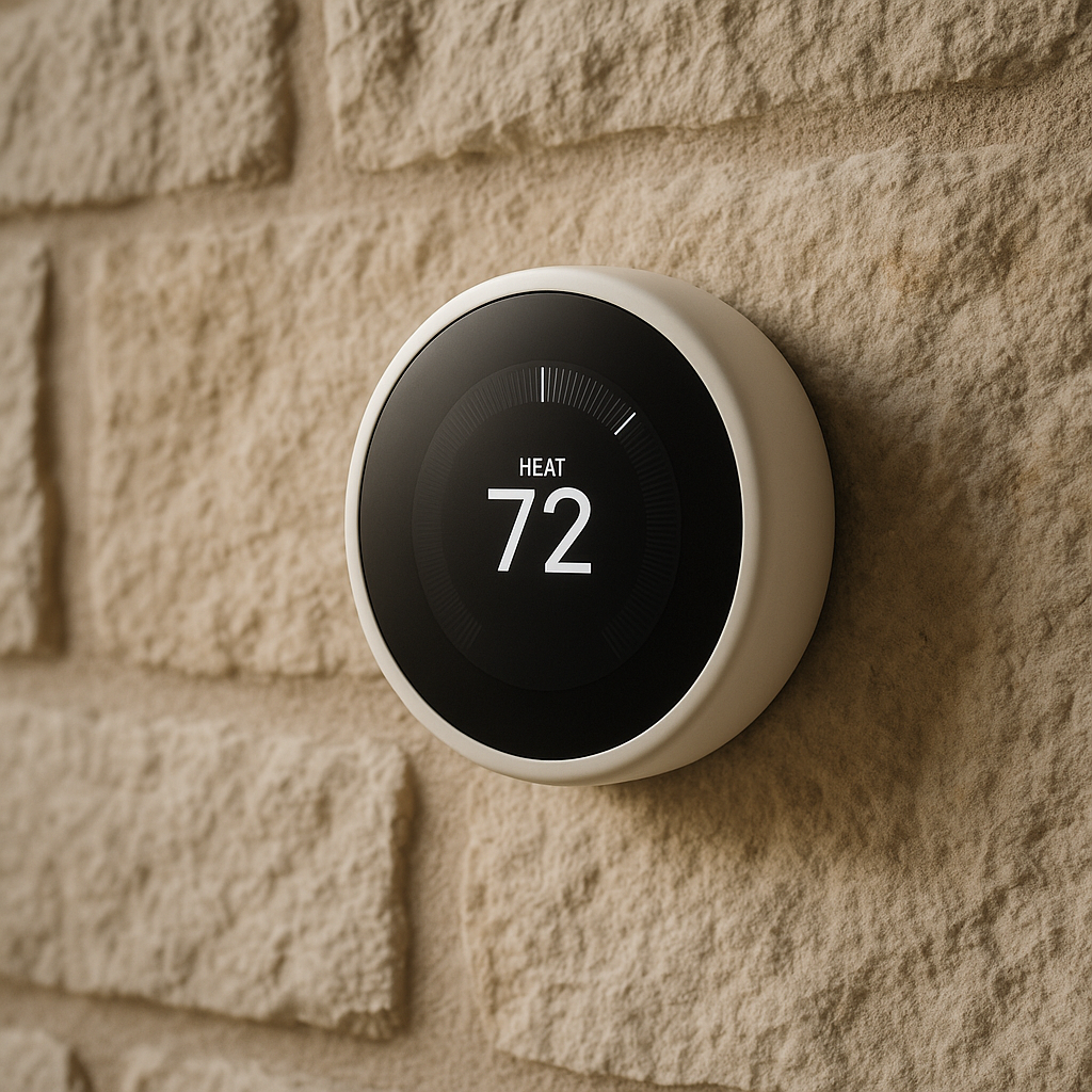 Smart thermostat detail highlighting efficient, buyer-friendly home condition