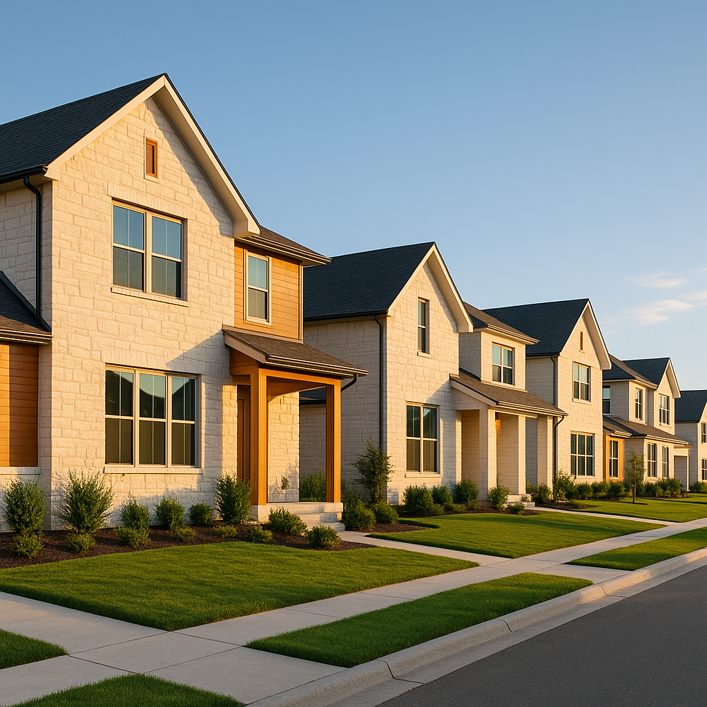 Wide-angle view of a modern Amarillo neighborhood with limestone homes and manicured yards, ideal for rental investors exploring top areas
