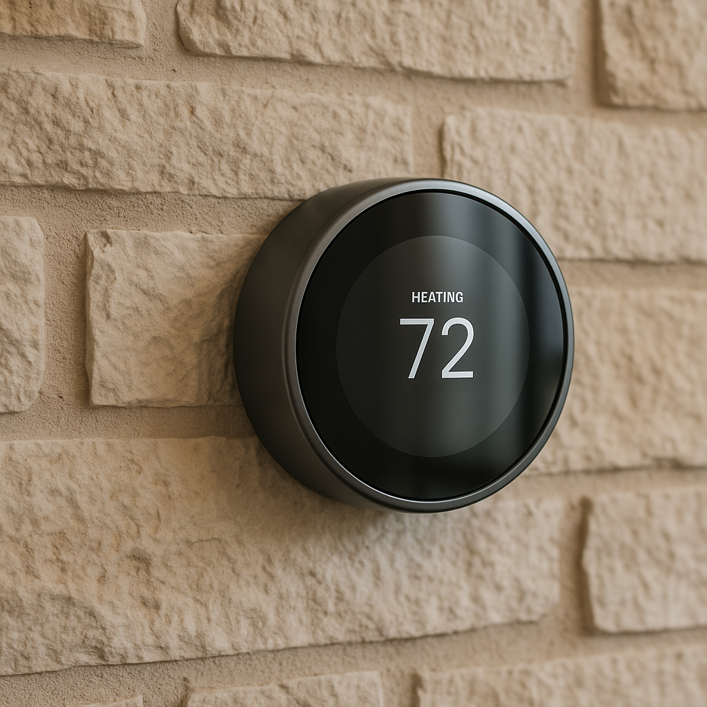 Close-up of a modern smart thermostat in a Texas rental property