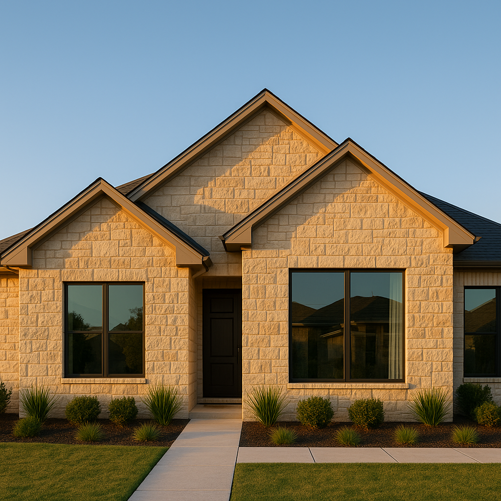 Wide-angle view of a modern Texas Panhandle limestone home with minimalist landscaping and large windows reflecting soft daylight during golden hour