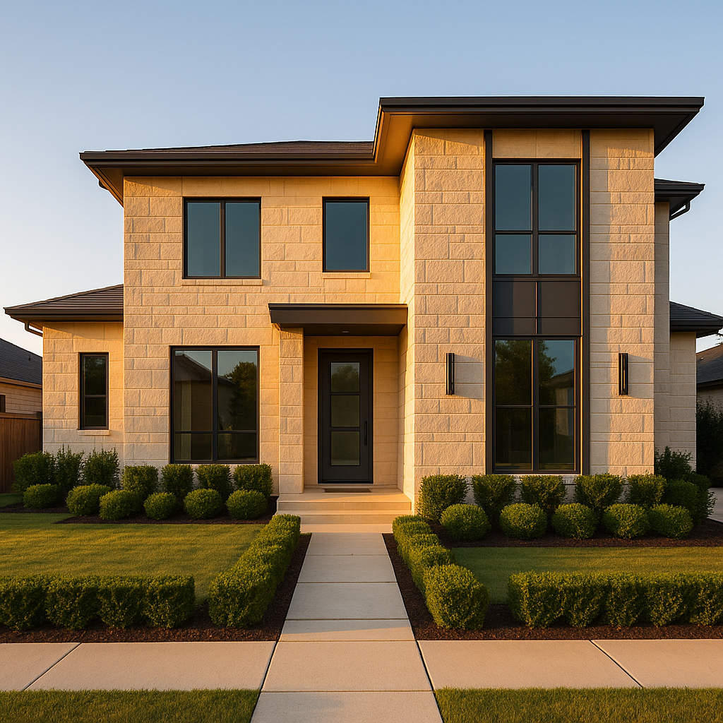 Wide-angle view of a modern Texas Panhandle home with limestone facade and large windows showcasing professional real estate management design