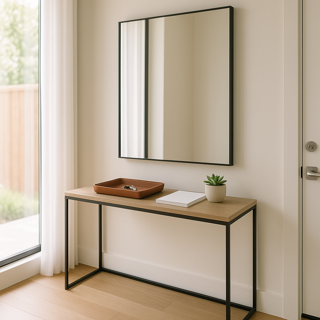 Minimalist rental property entryway with organized documents and keys tray