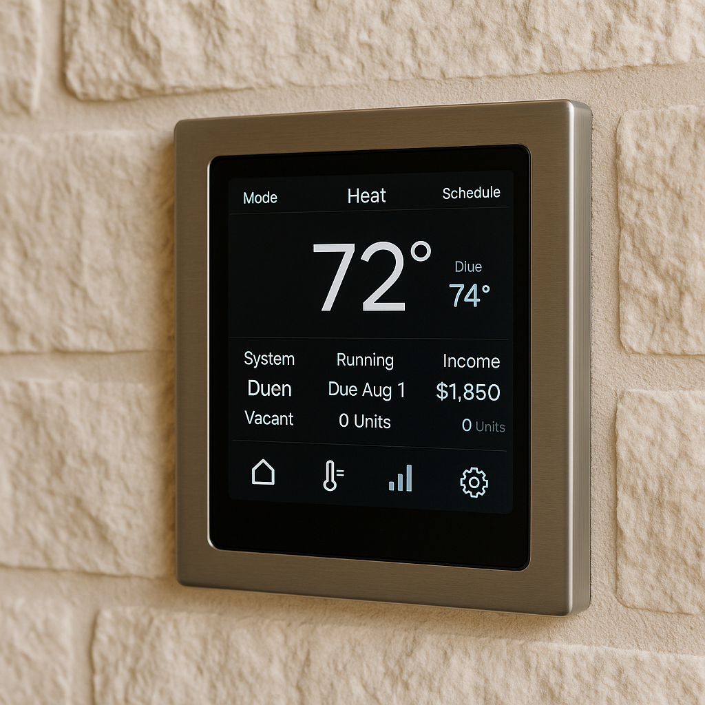 Smart thermostat on a limestone wall symbolizing precise property operations