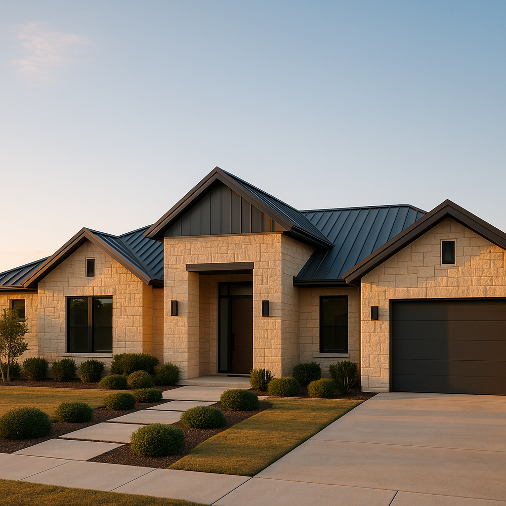 Wide-angle view of a modern Texas Panhandle home with limestone and steel, highlighted by golden hour light and symmetrical landscaping as part of real estate marketing