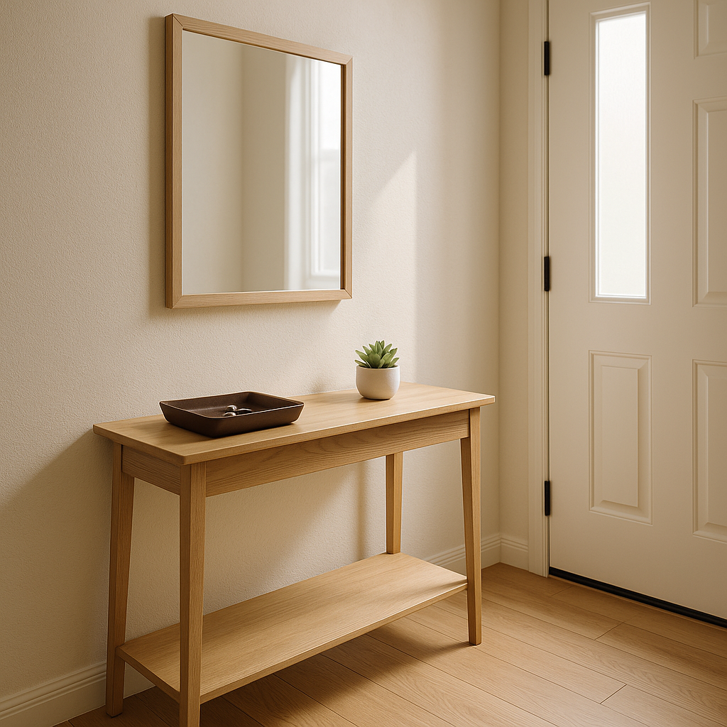 Minimalist sunlit entryway with organized console