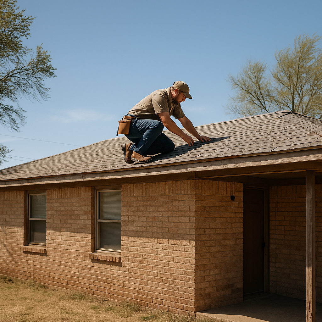 A man wearing a cap kneels on a sloped roof, inspecting shingles beside a brick house on a sunny day.