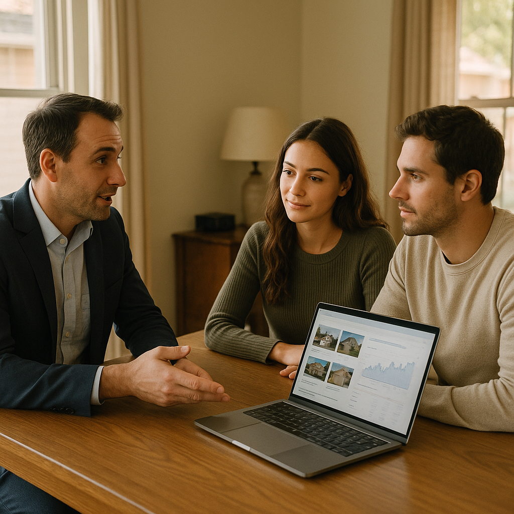 A real estate agent discussing home options with clients during a Texas property tour using a tablet device