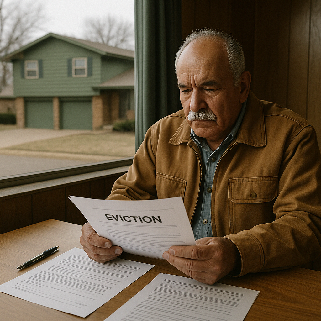 Landlord reviewing eviction papers at home highlighting challenges with DIY evictions in Texas and legal complexities involved