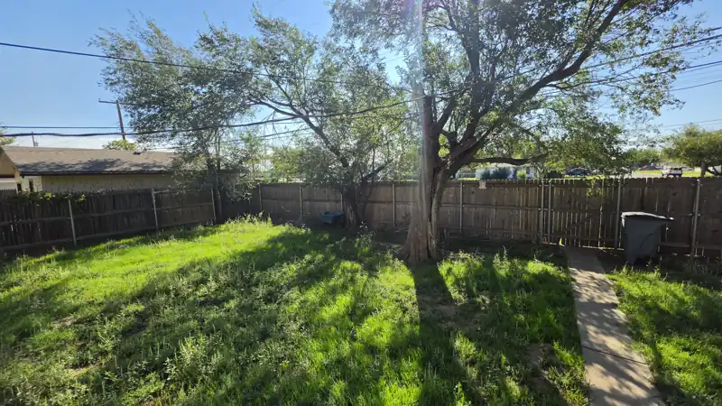 Back yard and wood fence checked for mowing and picket repair