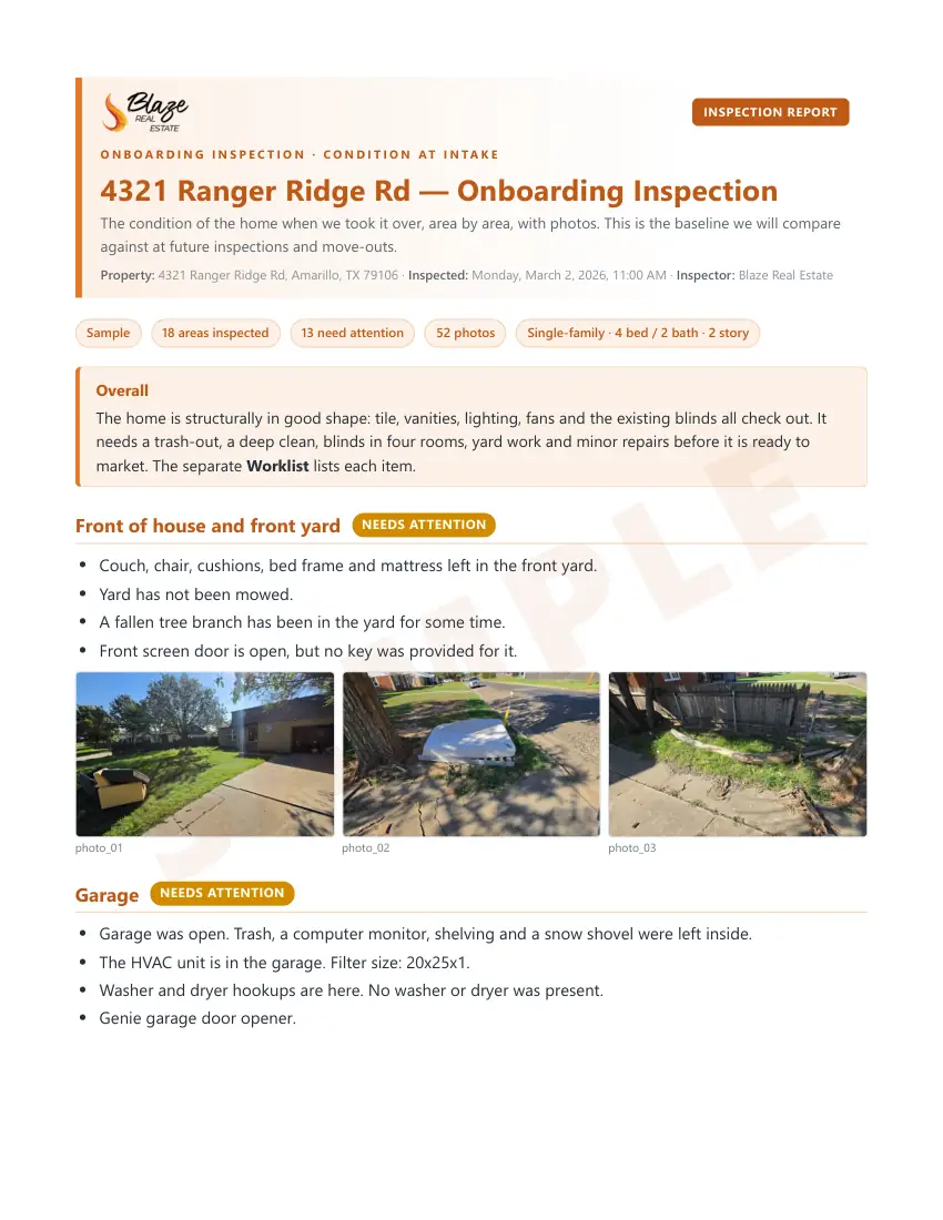 First page of a sample Blaze onboarding inspection report