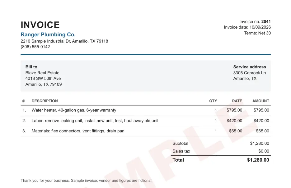 Sample vendor invoice attached to the owner statement